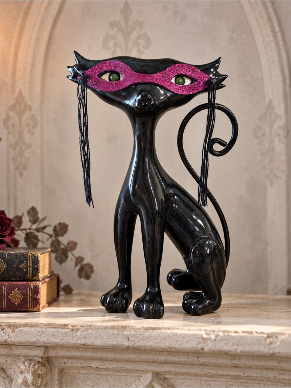 Vintage Style Black Cat Figurine Pink Glitter Masquerade Mask MCM Gothic Décor